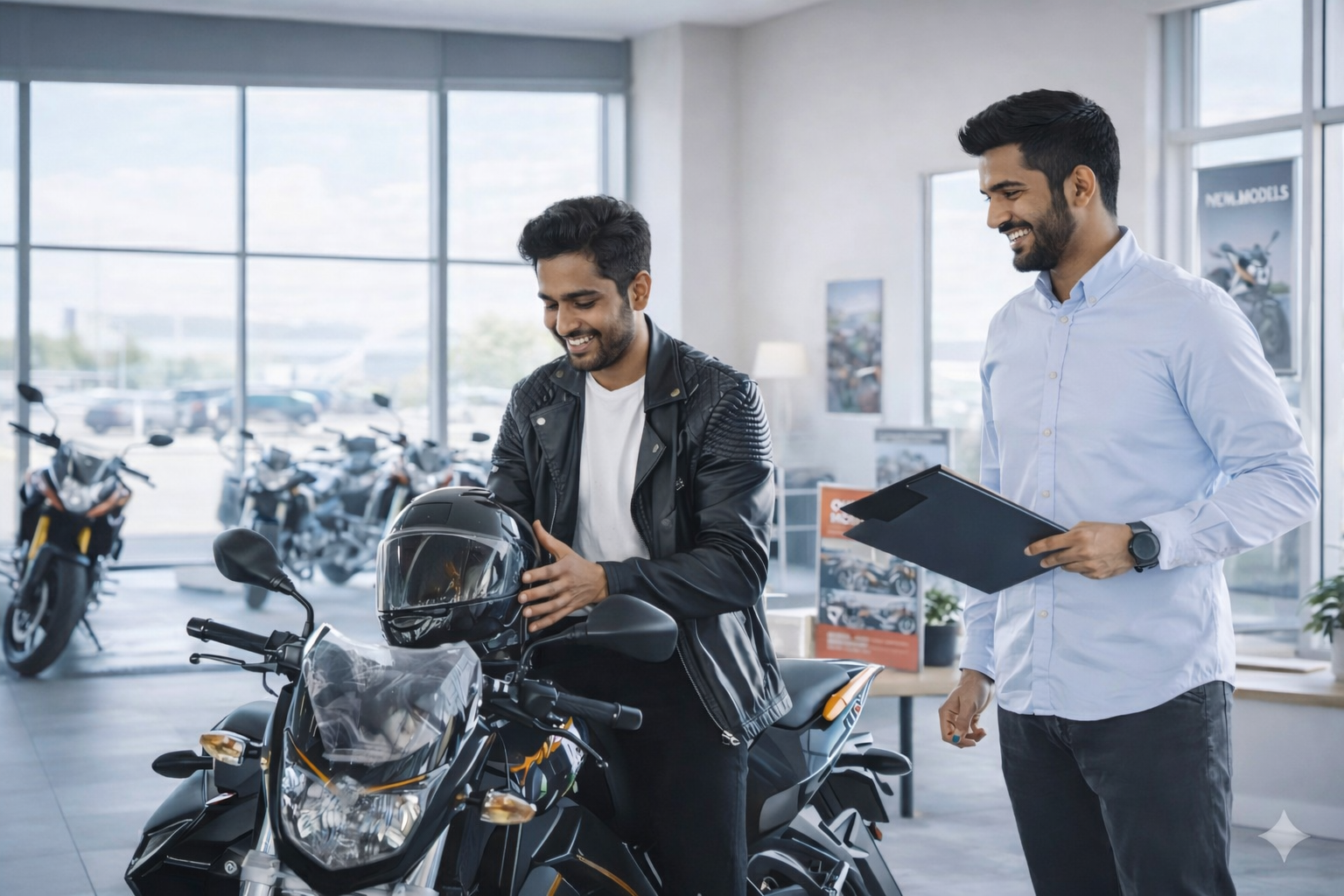 Customer with motorcycle at dealership