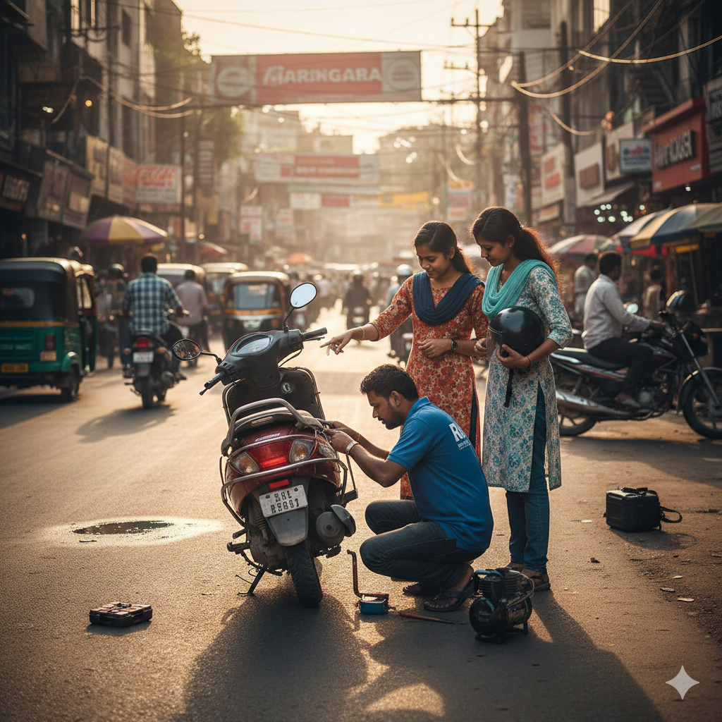 Roadside assistance technician helping with scooter tire repair on city street